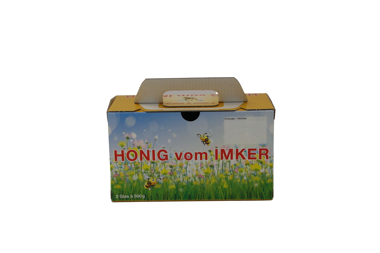 Geschenkkarton 2 x 500 g "Biene mit Bienenkorb"